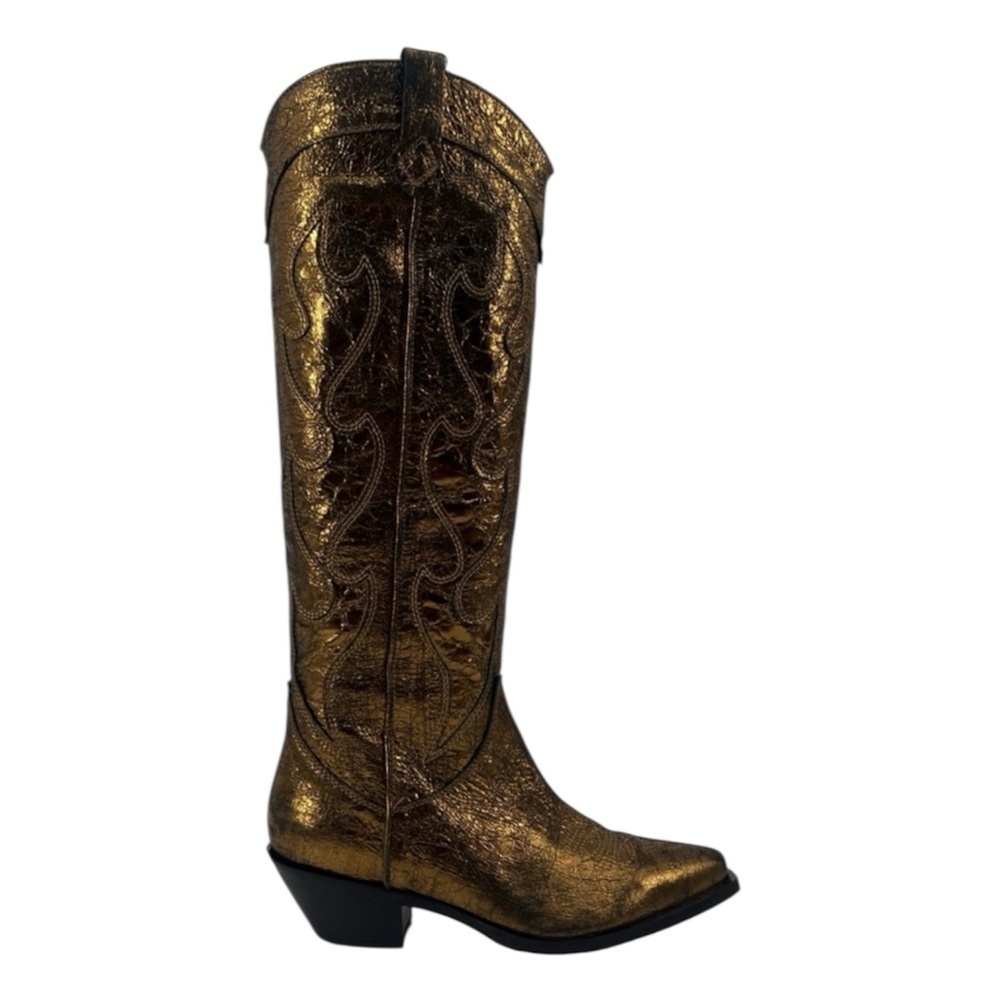 Free People Moody Bronze Metallic Snip Toe Tall Leather Embroidered Cowboy Boots